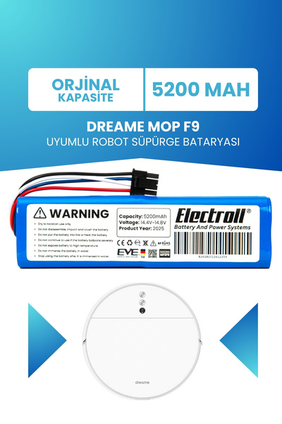 ELECTROLL Dreame Mop F9 Uyumlu Batarya (ORJİNAL KAPASİTE) 5200mah Akıllı Pil ...