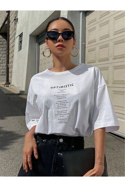 WEARTEX Women's Optimistic Printed Crew Neck Oversize Basic T-Shirt