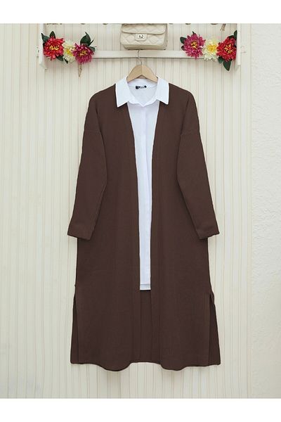 Modamorfo Ribbed Long Knitwear Cardigan with Side Slits - Brown