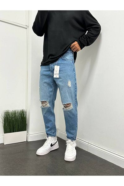 TÜZeMEN Men's Boyfriend Knee Ripped Blue Jeans Trousers
