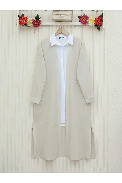 Modamorfo Ribbed Long Knitwear / Cardigan - Side Slits / Stone