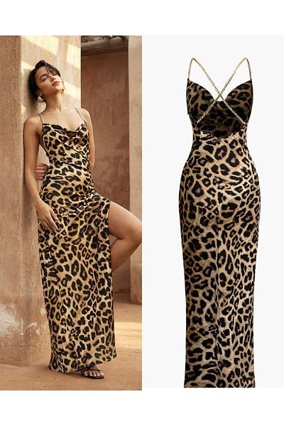 hipnoz butik rochie lungă cu lanț decoltat la spate cu imprimeu leopard pentru femei