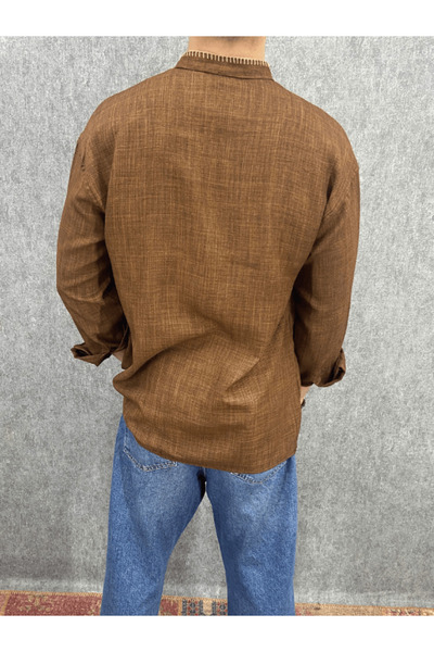 FıttingRoom Oversize Kroşatalı Pamuk Keten Kahverengi  Bohem  Gömlek