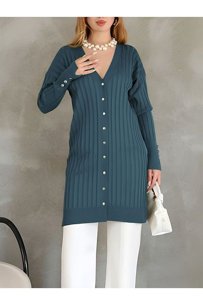 Modamorfo Metal Buttoned Slit Knitwear Cardigan - Petrol