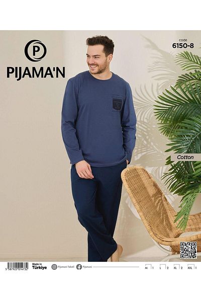 Pijamoni Men's Cotton Bicycle Collar Long Sleeve Thin Pajama Set 6150/8 - 1 Piece
