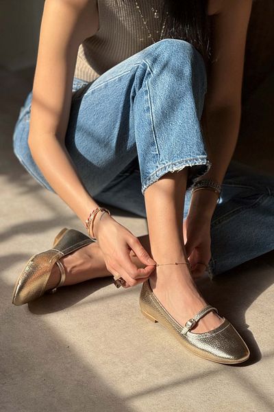 NİŞANTAŞI SHOES Pablo Gold Damen-Ballerinas aus echtem Leder mit Schnalle und flacher Sohle