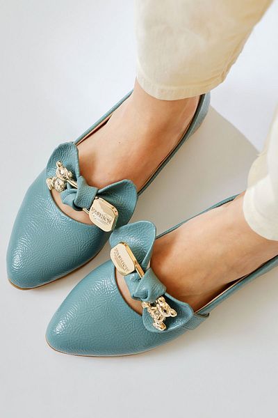 Limoya Joselin Turquoise Wrinkled Patent Leather Ballerinas with Bow Accessories, Women's Ballerinas