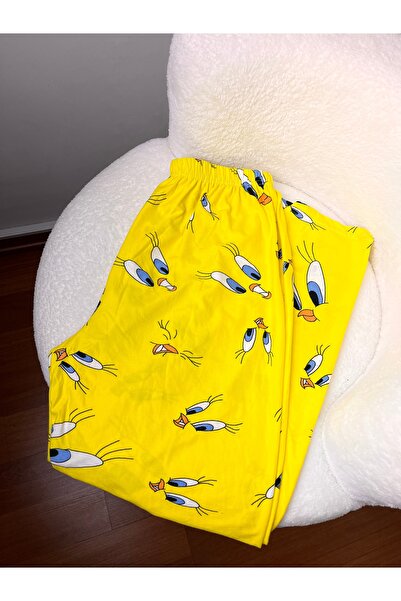 Bahar Altundemir Kadın Sarı Tweety Desenli Süet Tek Alt Pijama Kadın Tweety Desenli Pijama Altı