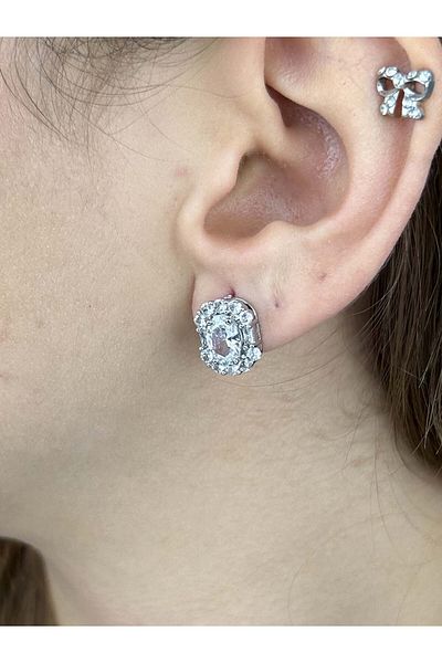 Neon Takı by Atalay Plain Tag and Zircon Stone, Stainless 46 Size Silver Color Earrings
