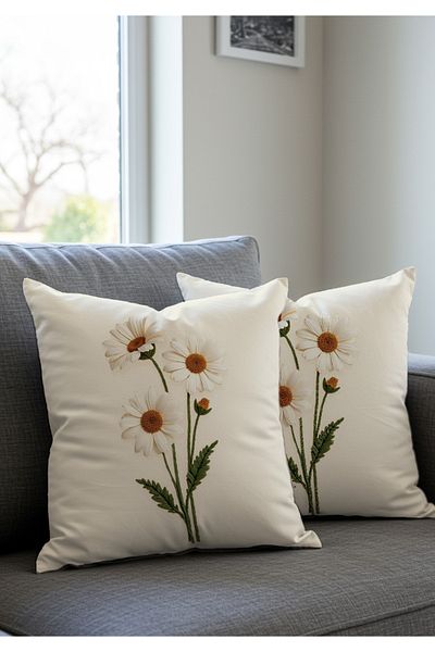 Artvibe Punch Embroidery Pattern Digital Printed Cream Background White Daisy Patterned 2-Piece Throw Pillow Cover