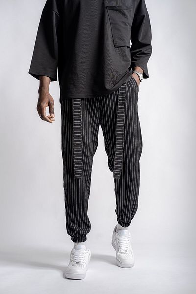 Superbluemexico Men's Patterned Belted Black Jogger Pants