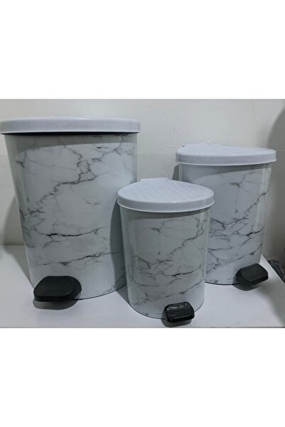 abnturk 1 Adet Beyaz Mermer Desenli Metal Mekanizmalı 11Lt Çöp Kovası