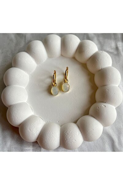 Bijou Luz Oval Beyaz Taşlı Aynalı Küpe