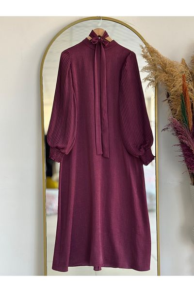 Ebrar Store Irem Sleeves Pleated Burning Dress-Na9548 Burgundy