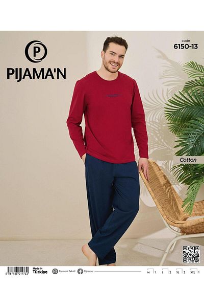 Pijamoni Men's Cotton Bicycle Collar Long Sleeve Thin Pajama Set 6150/13 - 1 Piece
