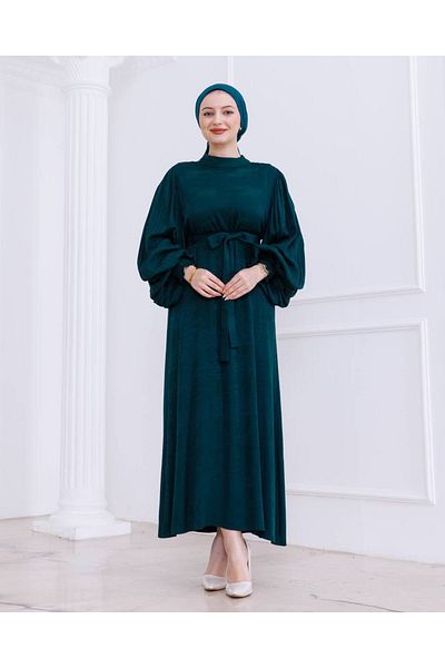 Ebrar Store İrem Kolları Pleated Burning Dress-Pa9548 Emerald Green