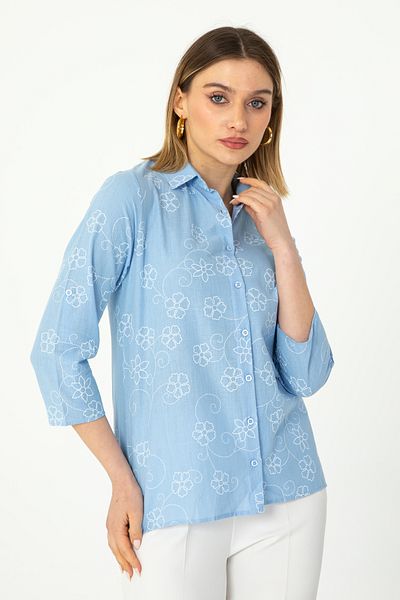 Nuevo Cămașă din in pliat cu mâneci Baby Blue Ivy