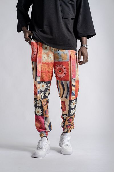 Superbluemexico Men's Patterned Belted Colorful Jogger Pants