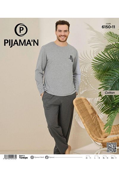 Pijamoni Men's Cotton Bicycle Collar Long Sleeve Thin Pajama Set 6150/11 - 1 Piece