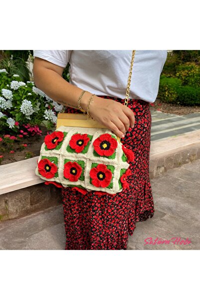 Satürn Hobi В'язана сумка з дерев'яною ручкою з мотивом маку