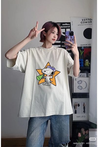 weywot Snoppy since 1950 Special Design New Season Front/Rear Printed Oversize Beige T-Shirt