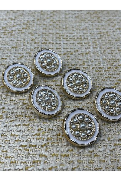 ODDA TASARIM ATÖLYESİ White Epoxy Pearl Detail Gold Metalized Button 20 mm 6 Pieces (Plastic)