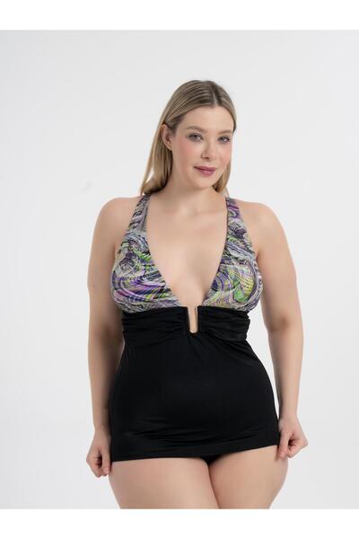 AQUAVİVA Aquaviva Kadın Siyah Ip Baskı Desen Büyük Beden Anastasia Toparlayıcı Toka Detaylı Tankini