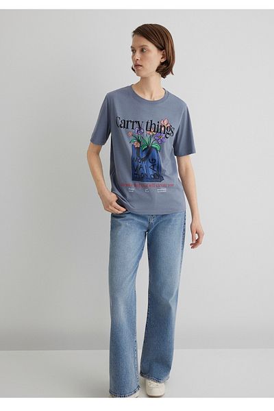 Mavi tricou de damă cu imprimeu floral cu croiala normală