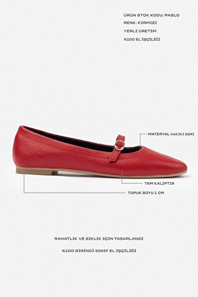 NİŞANTAŞI SHOES Pablo Red Genuine Leather Buckle Detailed Flat Sole Women's Ballerinas