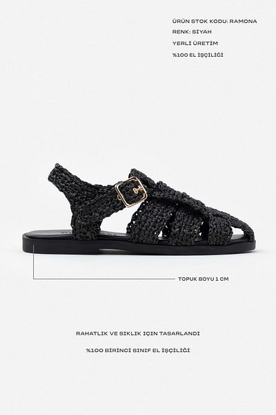 NİŞANTAŞI SHOES Ramona Schwarze Strohgeflecht-Rückengürtel-Detail-Damensandalen mit flacher Sohle