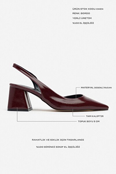 NİŞANTAŞI SHOES Owen Burgundy Patterned Patent Leather Back Strap Detail Pointed Toe Women's Heeled Shoes