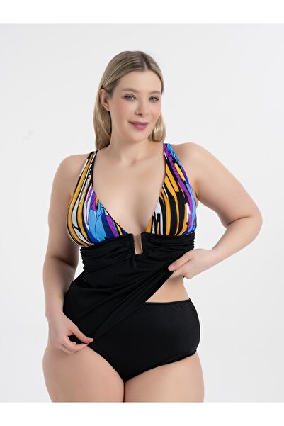 AQUAVİVA Aquaviva Women's Black Yellow Pattern Large Size Anastasia Gathering Buckle Detailed Tankini