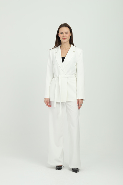 Milamia بدلة نسائية بيضاء مزدوجة الصدر مع ربطة عنق على الخصر