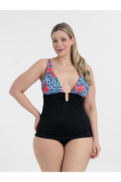 AQUAVİVA Women's Black Carnation Pattern Large Size Aquaviva Tankini Gatherer