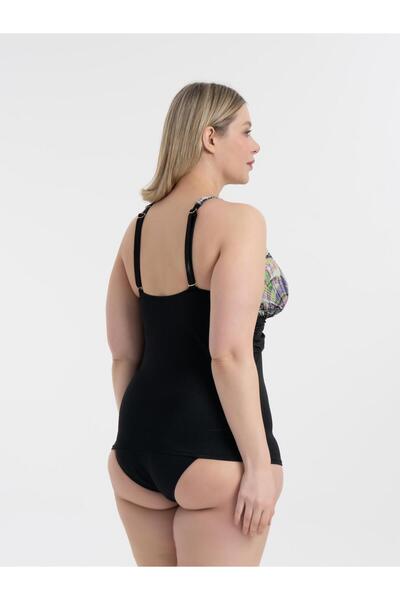 AQUAVİVA Aquaviva Kadın Siyah Ip Baskı Desen Büyük Beden Anastasia Toparlayıcı Toka Detaylı Tankini