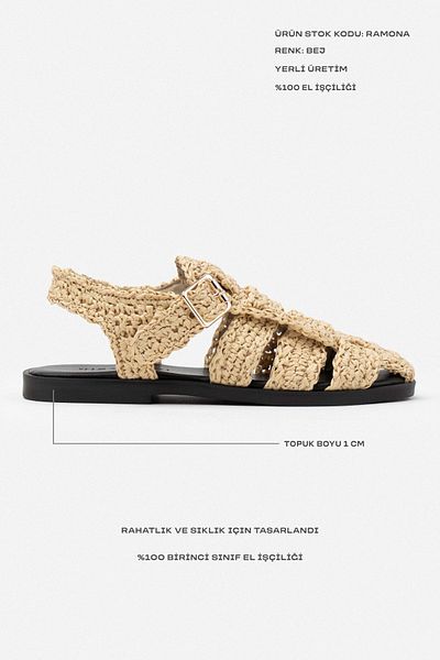 NİŞANTAŞI SHOES Ramona Beige Strohgeflecht-Rückengürtel-Detail-Damensandalen mit flacher Sohle