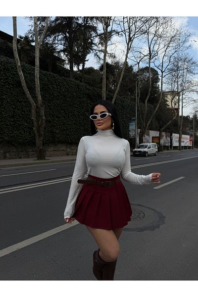 LB Laluna Butik Fusta plisată cu centură de damă bordeaux cu căptușeală interioară și pantaloni scurți
