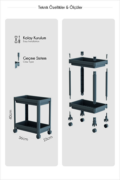 Mutfak Köşesi 2 Katlı Tekerlekli Düzenleyici, Banyo Rafı, Mutfak Tezgah Ve Evye Altı, Deterjanlık Raf Gri