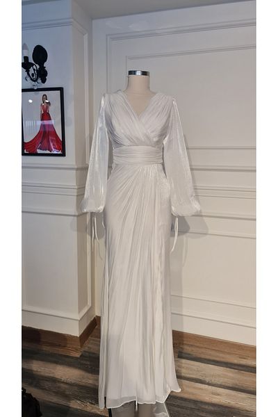 makbuleofficial White Sparkling Chiffon, Drape Detail, Side Slit, Double Breasted Collar Simple Evening Dress