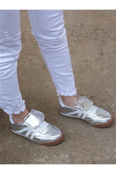 EREN SHOES BAG Γυναικεία αθλητικά παπούτσια BIANCA Silver Skin με αντιολισθητική σόλα από καουτσούκ με κορδόνια