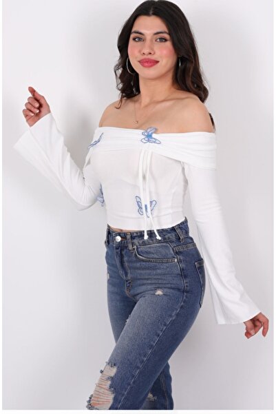 Safgiyim44 Butterfly Detailed Madonna Collar Blouse