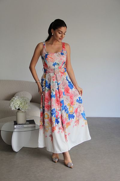 Julidress White Pleated Straps Floral Patterned Belted Lined Midi Length Premium Design Satin Dress