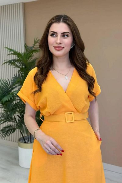 ZISHAN Double Breasted Collar Short Sleeve Belt Detail Women's Summer Dress 135