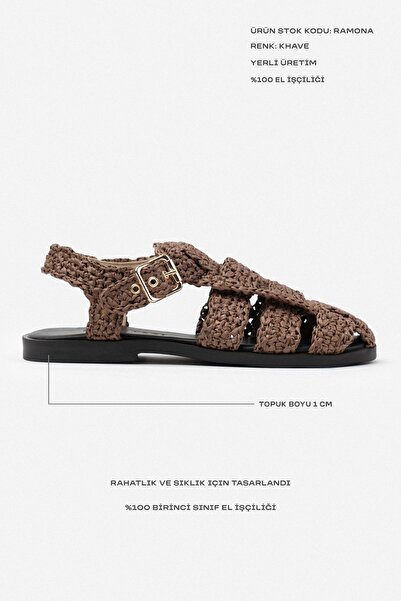 NİŞANTAŞI SHOES Dámské sandály Ramona Brown Straw Weave Detail zadního pásku s plochou podrážkou