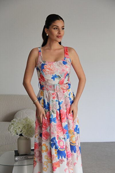 Julidress Λευκό πλισέ λουράκι με λουλουδάτο μοτίβο με ζώνη με επένδυση Midi μήκους Premium Design Σατέν Φόρεμα