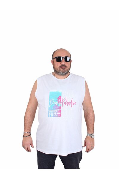 MocGrande Oversize Printed Sleeveless T-Shirt Beach Paradise 25151 White
