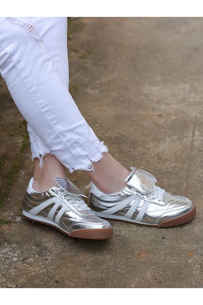 EREN SHOES BAG Bi̇anca Silver Skin Serrated Non-Slip Rubber Sole Lace-Up Women's Sneaker