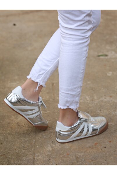 EREN SHOES BAG Γυναικεία αθλητικά παπούτσια BIANCA Silver Skin με αντιολισθητική σόλα από καουτσούκ με κορδόνια