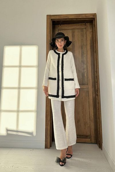 passense Ecru Black Striped Collarless Jacket and Trousers Set