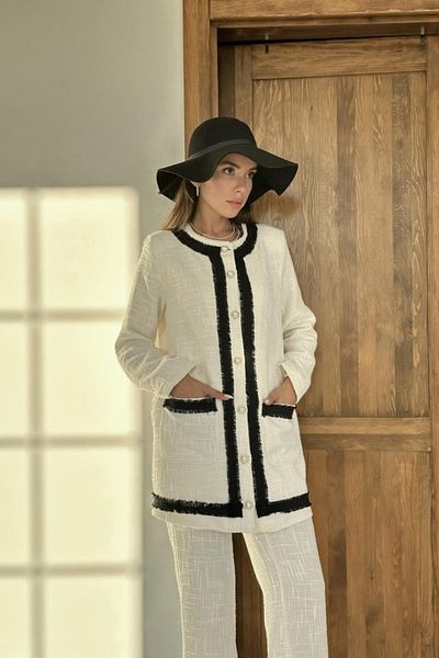 passense Ecru Black Striped Collarless Jacket and Trousers Set